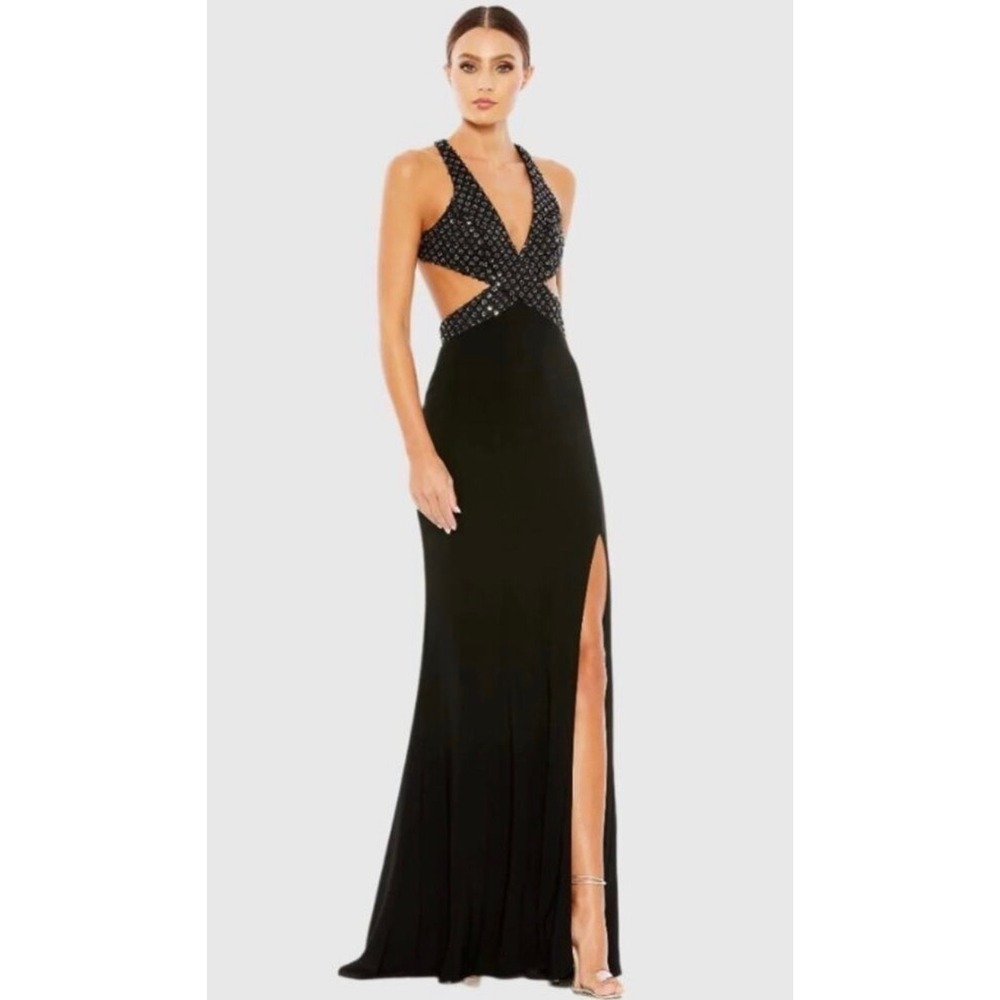 Mac Duggal 68166 Floral Sequin Crisscross Bodice Formal Gown Black Size 8 NWT